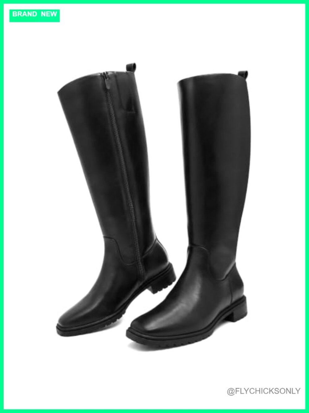 Knee High Boots Square Toe Low Block Heel Faux Leather Side Zipper